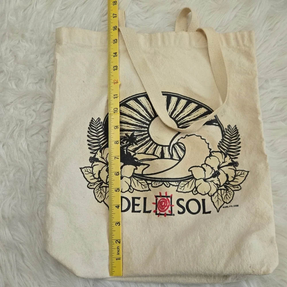 Del Sol Canvas Tote‎ Bag Cream Cotton Tropical Wave Hibiscus Beach Shopper